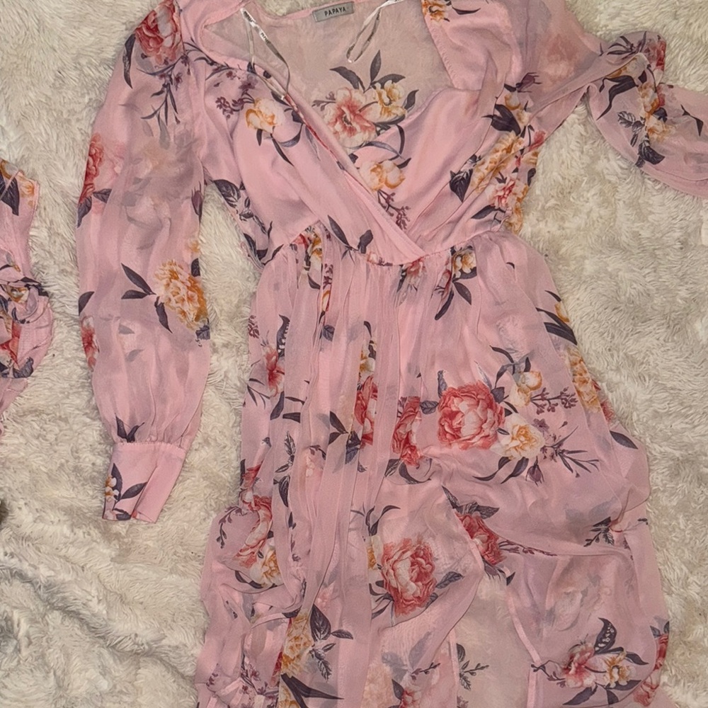 Papaya Pink Ruffled Wrap Maxi Dress with Bishop Sleeves